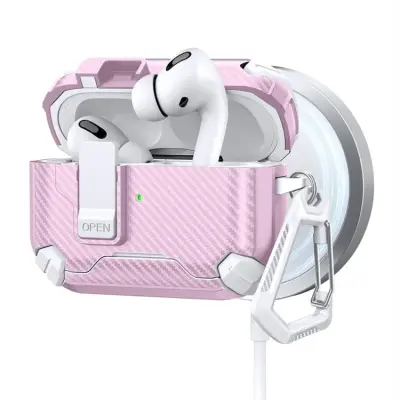 AirPods Pro 2 Skal Magsafe Carbon Fiber med Karbinhake (Rosa/Vit)