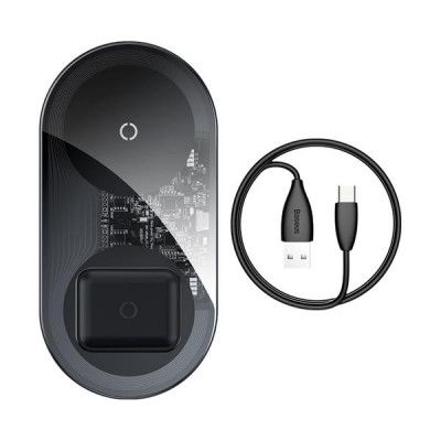 Baseus 2in1 Trådlös Laddarre Qi 15W För Smartphones / Airpods - Clear Svart
