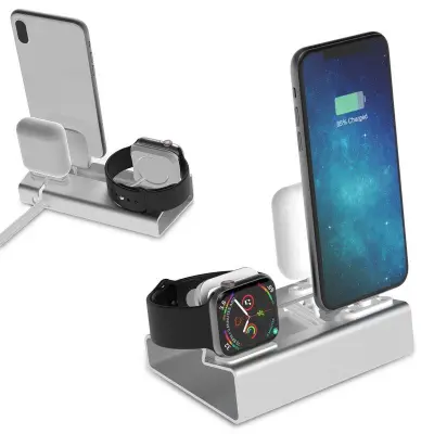3-i-1 Aluminium Laddningsdocka för Apple Watch, Airpods och Telefon - Silver