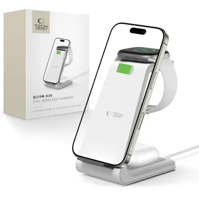 Tech-Protect 3-in-1 Trådlös Laddare iPhone Apple Watch AirPods - Vit
