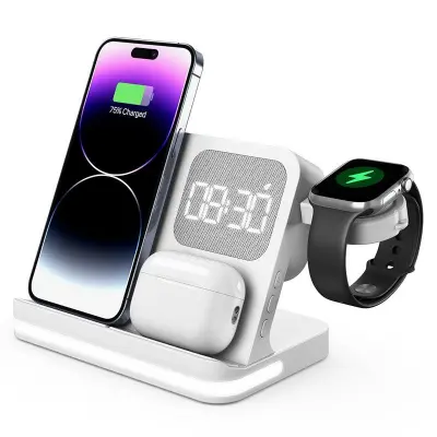 B-22 3-i-1 Trådlös Laddare 15W för iPhone, Apple Watch, AirPods (Vit)