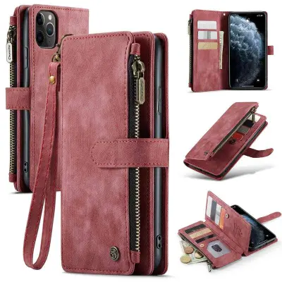 CASEME Konstläder Plånboksfodral för iPhone 11 Pro Max med Rem - Röd