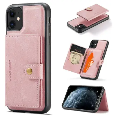 JEEHOOD J01 iPhone 11 Pro Skal Retro Läder med Kortfack - Rosa