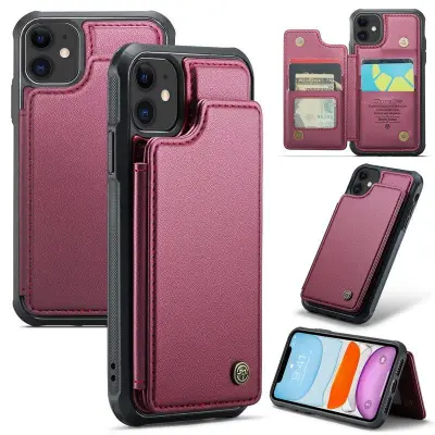 CASEME C22 iPhone 11 Fodral KonstLäder RFID-Skydd- Vinröd