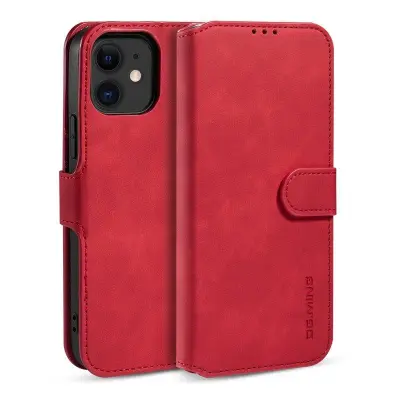 DG.MING Retro Plånboksfodral Konstläder för iPhone 12 mini - Röd