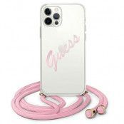 Guess iPhone 12 Pro Max Skal Script Vintage Strap - Rosa