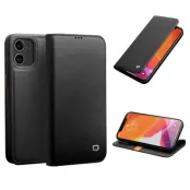 Qialino iPhone 12 Pro Plånboksfodral Äkta läder - Svart