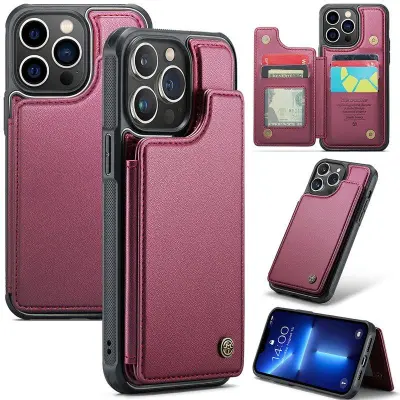 CASEME C22 iPhone 13 Pro Max Fodral KonstLäder RFID-Skydd- Röd