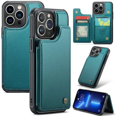 CASEME C22 iPhone 13 Pro Fodral KonstLäder RFID-Skydd- Grön