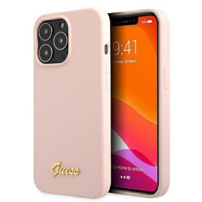 Guess iPhone 13 Pro Skal Magsafe Silicone Script Guld Logo - Rosa