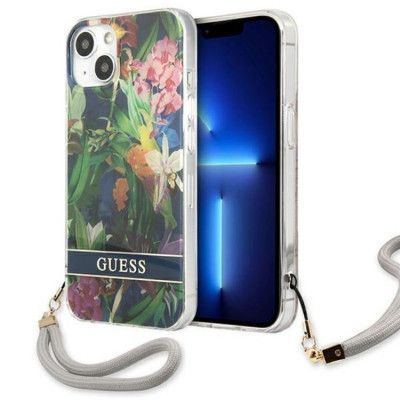 Guess iPhone 13 Skal Flower Strap - Blå