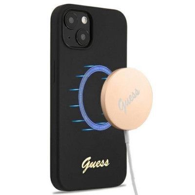 Guess iPhone 13 Skal Magsafe Silicone Script Guld Logo - Svart