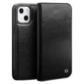 Qialino iPhone 13 Plånboksfodral Äkta Läder Cowhide - Svart