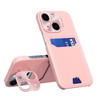 iPhone 14 Plus Skal Korthållare Läder Kickstand - Rosa