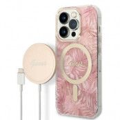 GUESS iPhone 14 Pro Max Magsafe Skal Jungle + Trådlös Laddare - Rosa