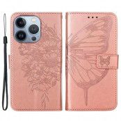 iPhone 14 Pro Max Plånboksfodral Butterfly Flower Imprinted - Rosa Guld