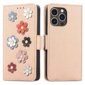 iPhone 14 Pro Max Plånboksfodral Flower Decor Magnetic - Khaki