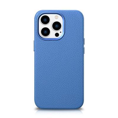 iCarer iPhone 14 Pro Skal Magsafe Äkta Läder Litchi Premium - Ljusblå