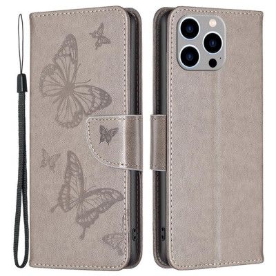 iPhone 14 Pro Plånboksfodral Butterflies Imprinted - Grå