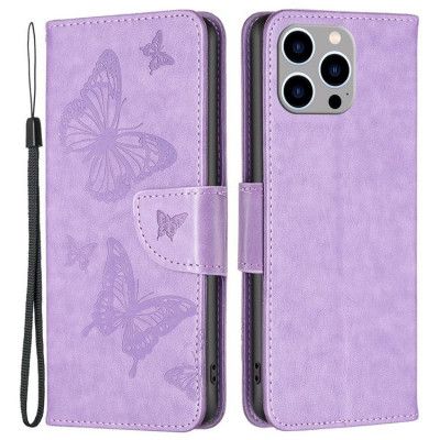 iPhone 14 Pro Plånboksfodral Butterflies Imprinted - Lila