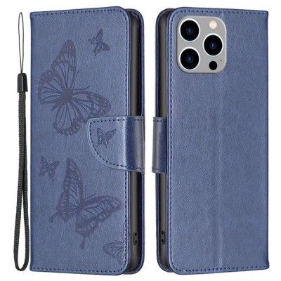iPhone 14 Pro Plånboksfodral Butterflies Imprinted - Mörkblå