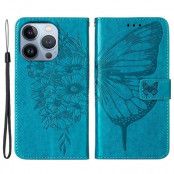 iPhone 14 Pro Plånboksfodral Butterfly Flower Imprinted - Blå