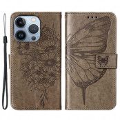 iPhone 14 Pro Plånboksfodral Butterfly Flower Imprinted - Grå