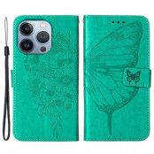 iPhone 14 Pro Plånboksfodral Butterfly Flower Imprinted - Grön