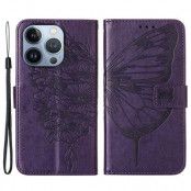 iPhone 14 Pro Plånboksfodral Butterfly Flower Imprinted - Lila