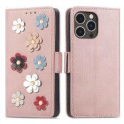 iPhone 14 Pro Plånboksfodral Flower Decor Magnetic - Rosa Guld