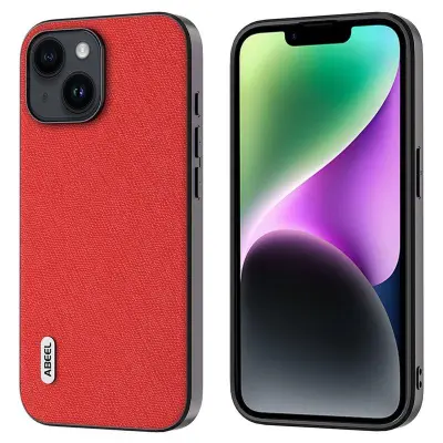 ABEEL Mobilskal till iPhone 14 Cross Texture Äkta Läder och TPU - Röd