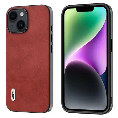 ABEEL Mobilskal till iPhone 14 Cowhide Textur Röd PU Läder TPU+PC