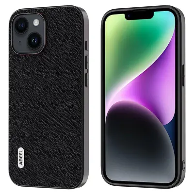 ABEEL Mobilskal till iPhone 14 Cross Texture Äkta Läder + PC - Svart