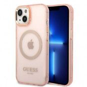 GUESS iPhone 14 Skal MagSafe Gold Outline Translucent - Rosa
