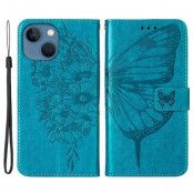 iPhone 14 Plånboksfodral Butterfly Flower Imprinted - Blå