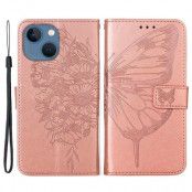 iPhone 14 Plånboksfodral Butterfly Flower Imprinted - Rosa Guld
