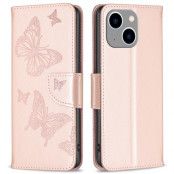 iPhone 14 Plånboksfodral Butterfly Imprinted - Rosa Guld