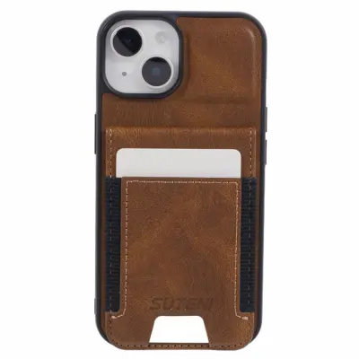 SUTENI iPhone 14 Mobilskal Korthållare Waxy Läder - Brun