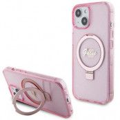 Guess iPhone 15/14 Plus Mobilskal Magsafe Ringställ Script Glitter - Rosa