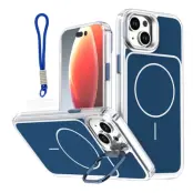 iPhone 15 Plus Mobilskal MagSafe Lens Kickstand med Handrem - Blå (Blå)