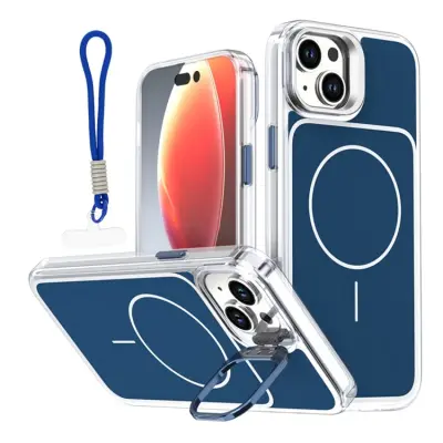 iPhone 15 Plus Mobilskal MagSafe Lens Kickstand med Handrem - Blå (Blå)