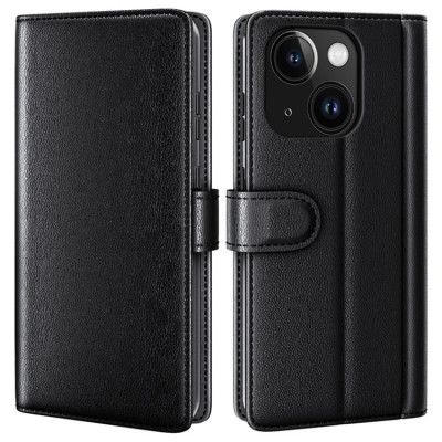 iPhone 15 Plus Plånboksfodral Äkta Läder Anti-Dust - Svart