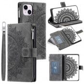 iPhone 15 Plus Plånboksfodral Mandala Flower Imprinted - Grå