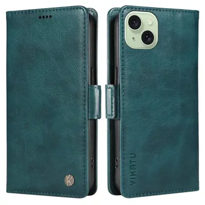 YIKATU iPhone 15 Plus Konstläder Plånboksfodral Litchi Texture - Blå