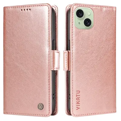 YIKATU iPhone 15 Plus Plånboksfodral Litchi Texture - Roséguld