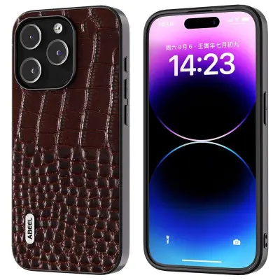 ABEEL Mobilskal till iPhone 15 Pro Max Äkta Läder Krokodil Textur - Brun