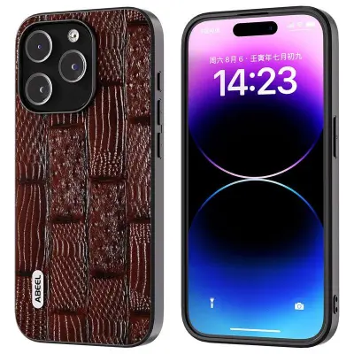ABEEL iPhone 15 Pro Max Fodral Äkta Läder Mahjong Textur Brun