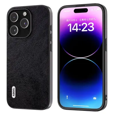 ABEEL Mobilskal till iPhone 15 Pro Max Litchi Textur PU Läder Svart