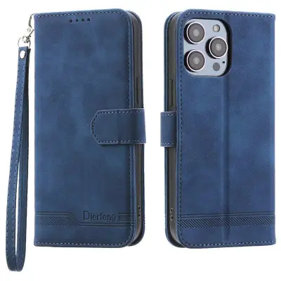 DIERFENG DF-03 Plånboksfodral för iPhone 15 Pro Max Konstläder - Blå