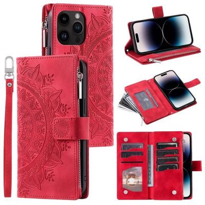 iPhone 15 Pro Max Plånboksfodral Mandala Flower Imprinted - Röd